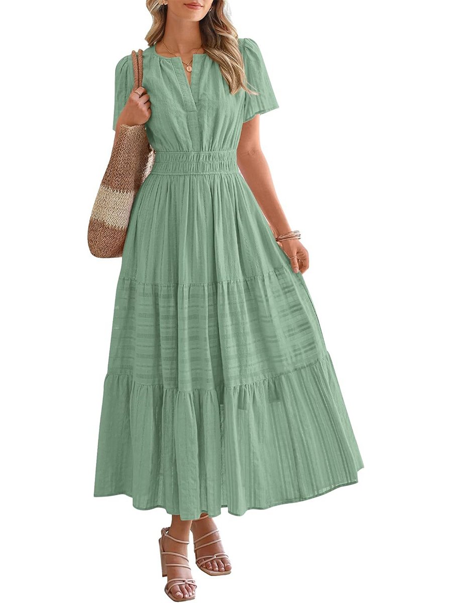 Womens Summer 2026 Casual Midi Maxi Dresses Lightweight Short Sleeve V Neck Elastic Waist Boho Beach Dress Pockets