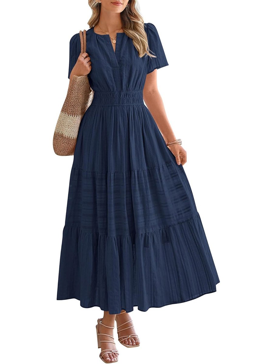 Womens Summer 2026 Casual Midi Maxi Dresses Lightweight Short Sleeve V Neck Elastic Waist Boho Beach Dress Pockets