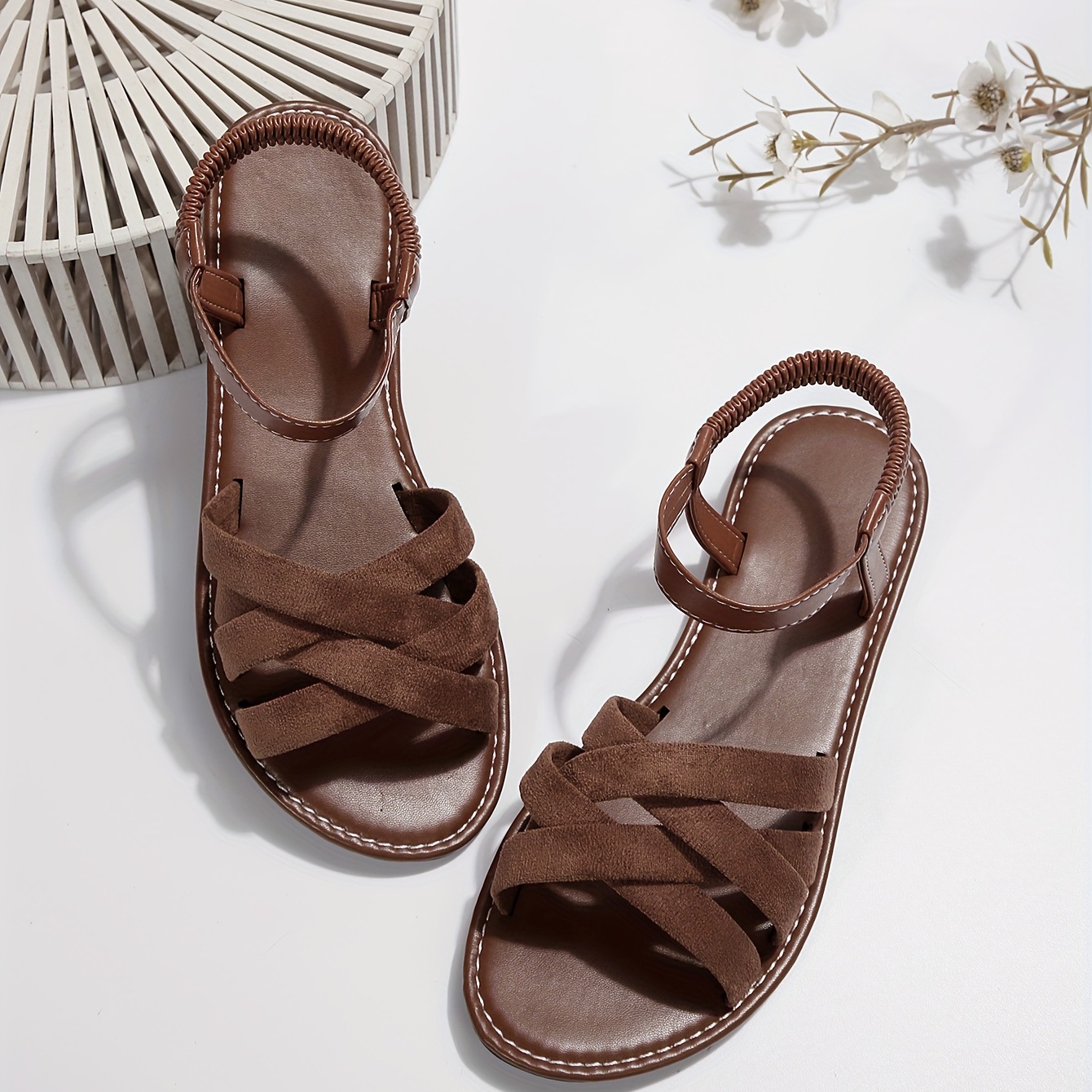 Women's Solid Color Flat Sandals, Casual Cross Strap Summer Beach Shoes, Lightweight Elastic Band Shoes