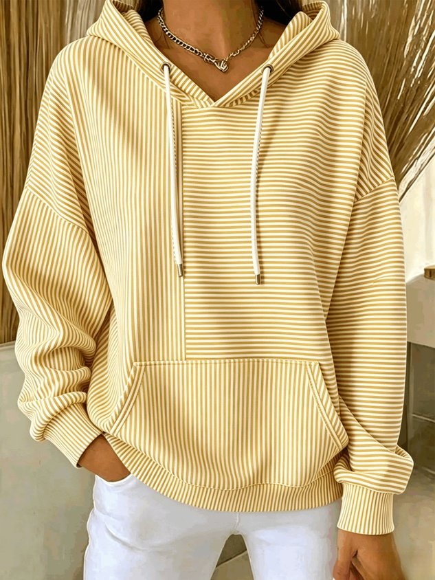 Women Striped Long Sleeve Hoodie, Soft Micro-Stretch Loose Fit Casual Sweatshirt, Versatile Daily Commute Top for Spring & Fall