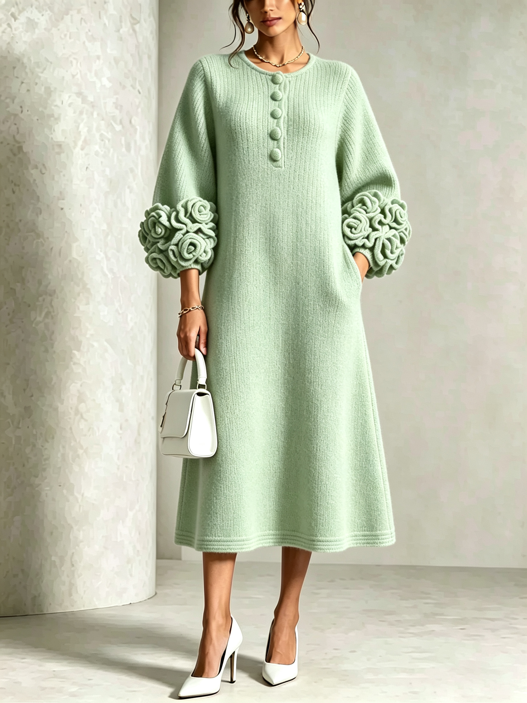 Chic Rose Pink Floral Accented Knit Midi Dress