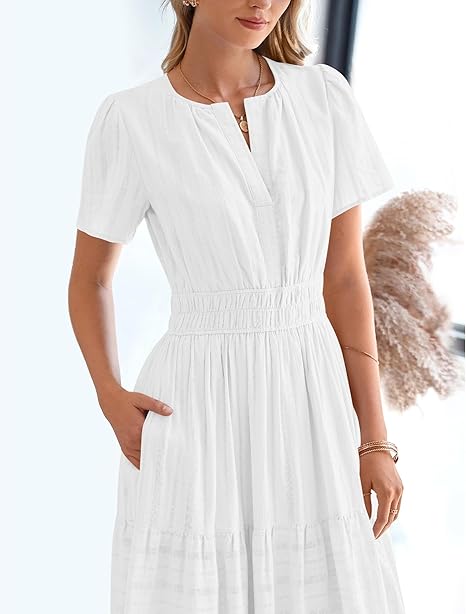 Womens Summer 2026 Casual Midi Maxi Dresses Lightweight Short Sleeve V Neck Elastic Waist Boho Beach Dress Pockets
