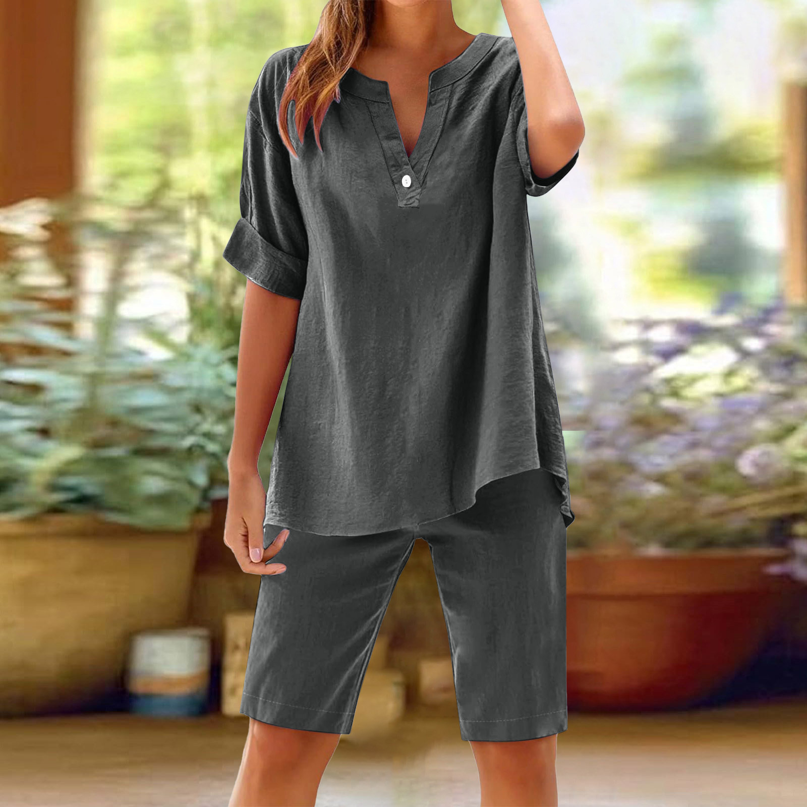 Womens Cotton Linen 2 Piece Outfits Short Sleeve Button Down Blouse Bermuda Shorts Beach Vacation Set with Pockets