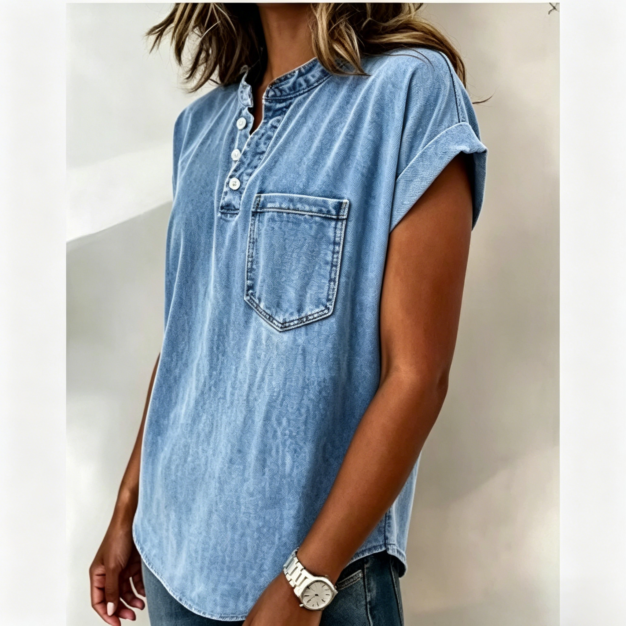 Women's Lightweight Denim Henley T-Shirt, Short Sleeve with Chest Pocket