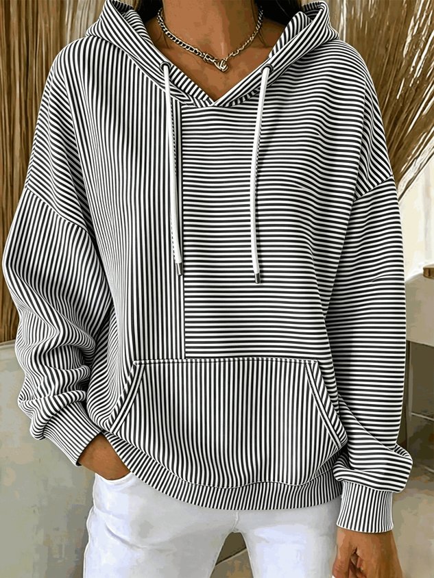 Women Striped Long Sleeve Hoodie, Soft Micro-Stretch Loose Fit Casual Sweatshirt, Versatile Daily Commute Top for Spring & Fall