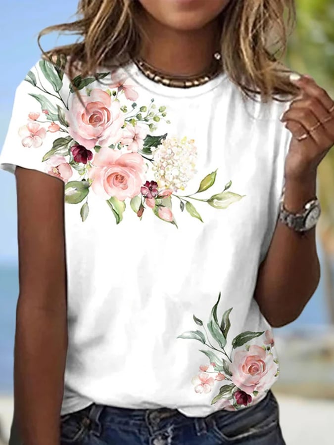 Women's Casual Floral Painting Print Crew Neck T-shirt