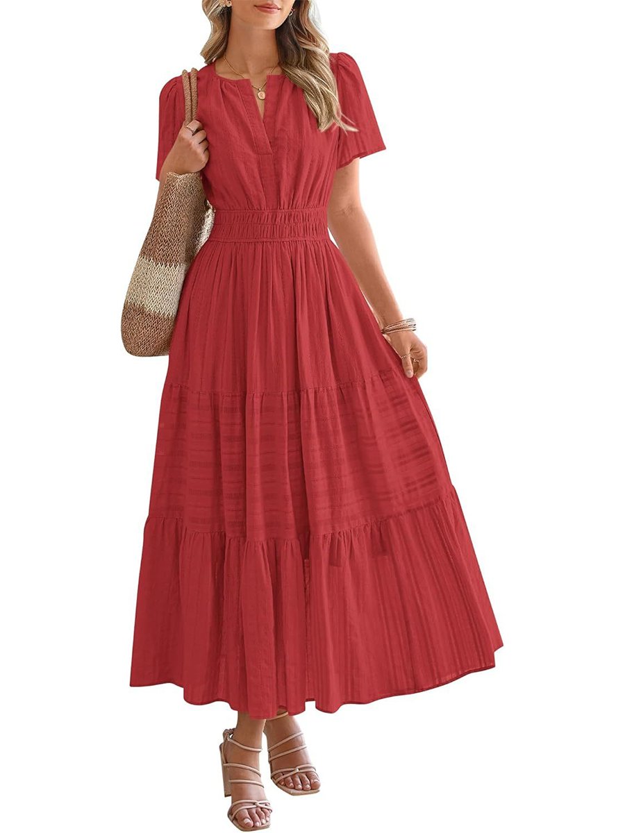 Womens Summer 2026 Casual Midi Maxi Dresses Lightweight Short Sleeve V Neck Elastic Waist Boho Beach Dress Pockets