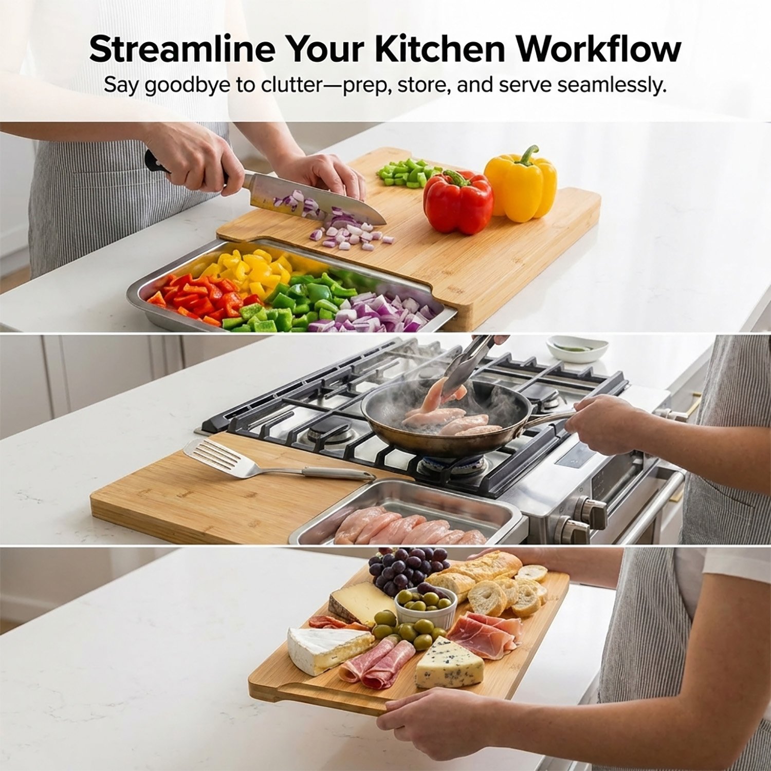🎋 Bamboo Cutting Board with Stainless Steel Trays – Chop, Slide, Stay Organized
