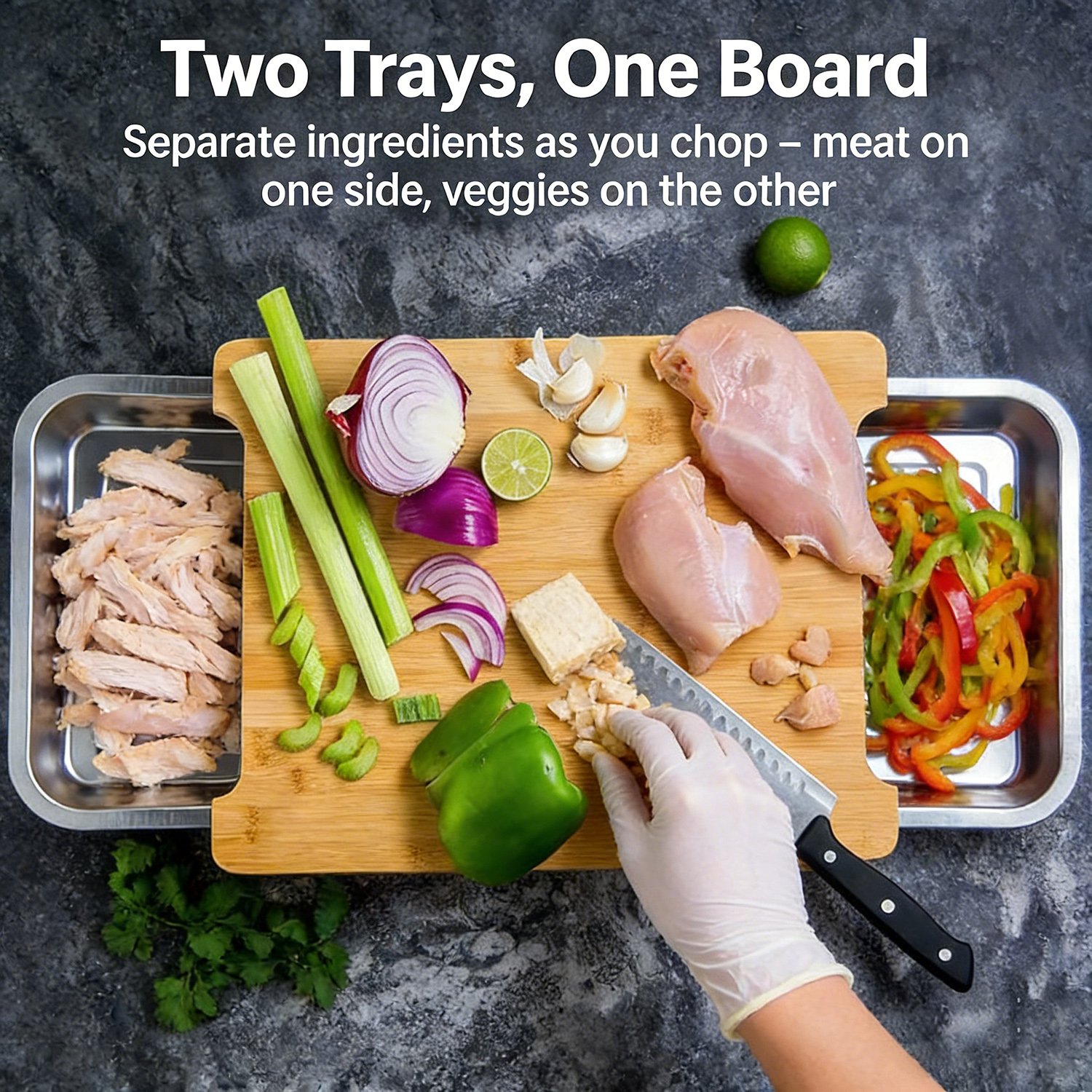 🎋 Bamboo Cutting Board with Stainless Steel Trays – Chop, Slide, Stay Organized