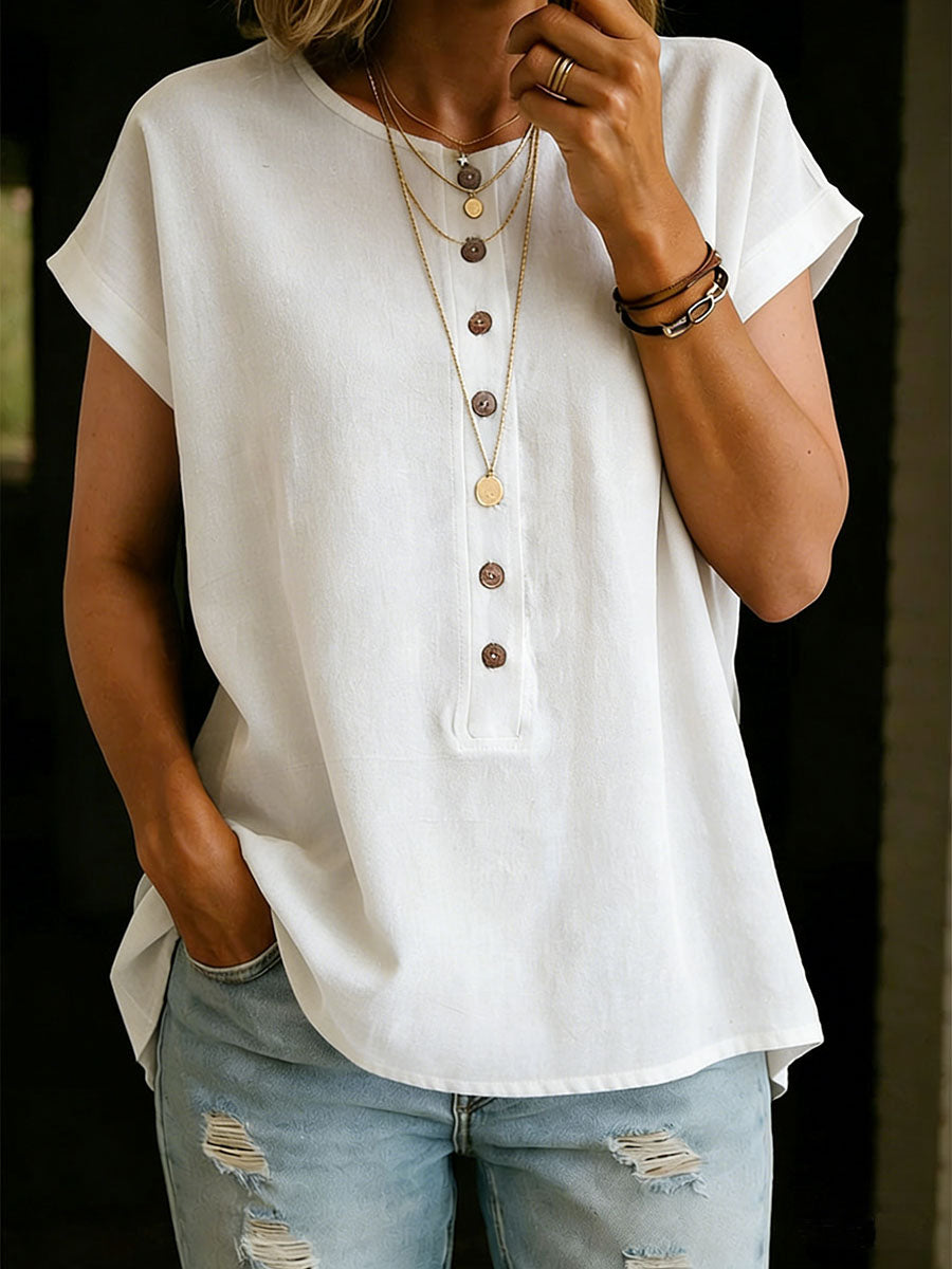 Women's Solid Color Round Neck Short-sleeved Casual Loose Cotton And Linen Top