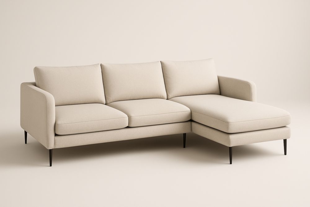 Canapé d'angle en tissu polyester beige avec méridienne