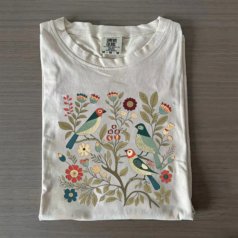 Cottagecore Birds and Flowers T-shirt