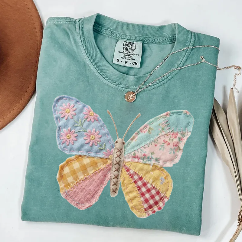 Faux Patchwork Butterfly  T-shirt