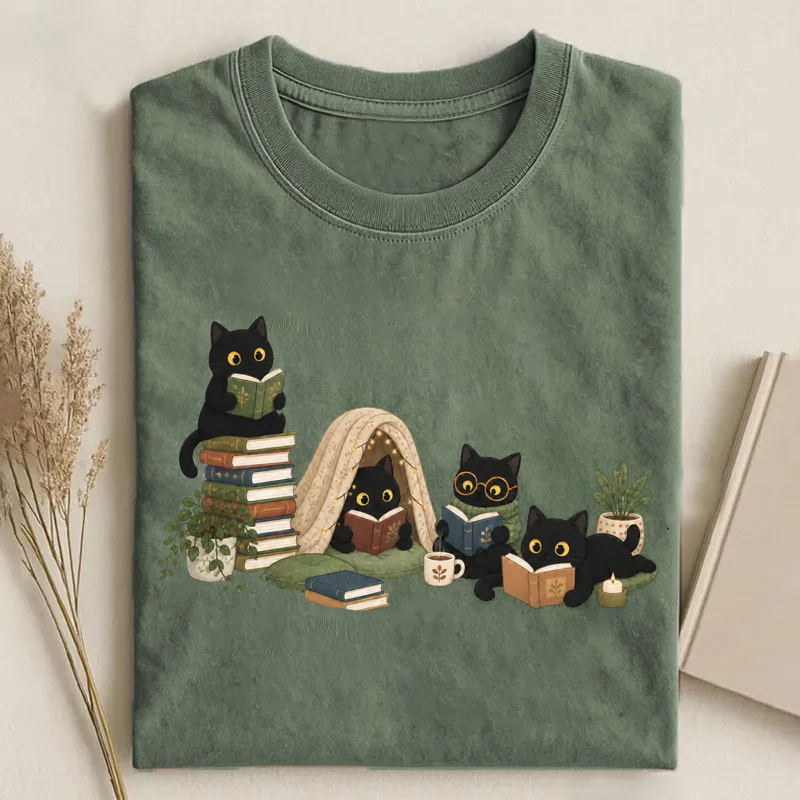 Black Cat Reading T-shirt