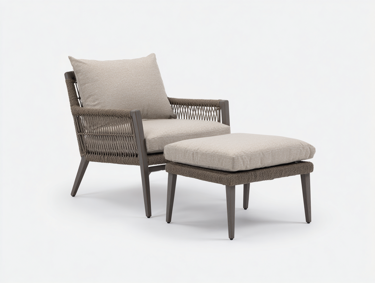 Set di sedie da giardino con poggiapiedi in corda intrecciata e struttura effetto legno 80x75x78 cm - beige e marrone - stile naturale moderno