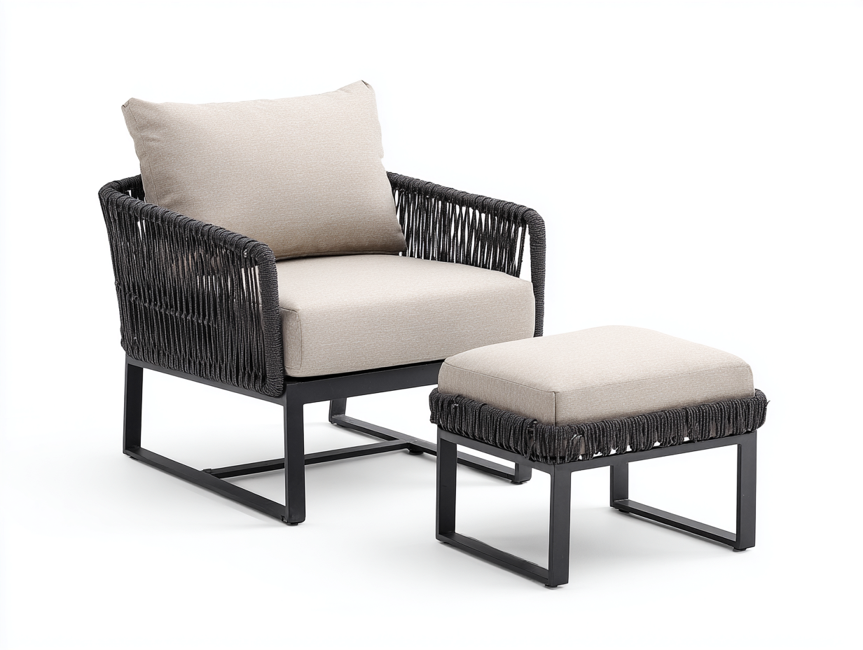 Set di sedie da giardino con poggiapiedi in corda intrecciata grigio scuro e cuscini beige 80x78x78 cm - stile moderno outdoor