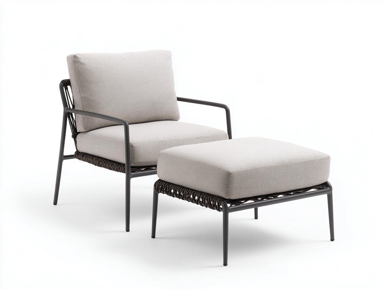 Set di sedie da giardino con poggiapiedi in corda intrecciata e struttura in metallo 82x76x80 cm - beige e nero - comfort moderno