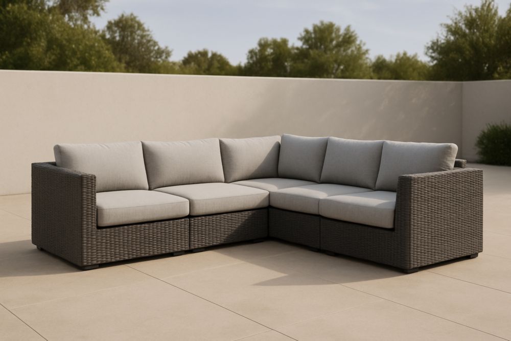 Divano ad angolo da Esterno in Rattan Grigio con Cuscini in Poliestere