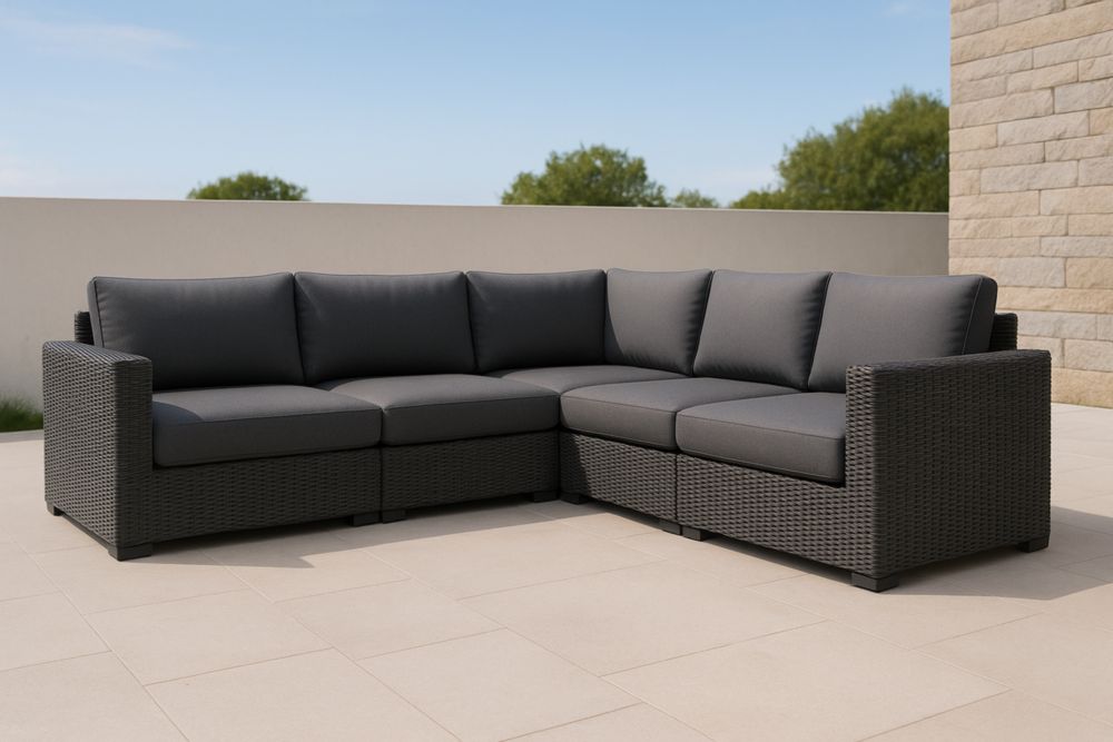 Divano ad angolo in rattan sintetico con cuscini poliestere Grigio