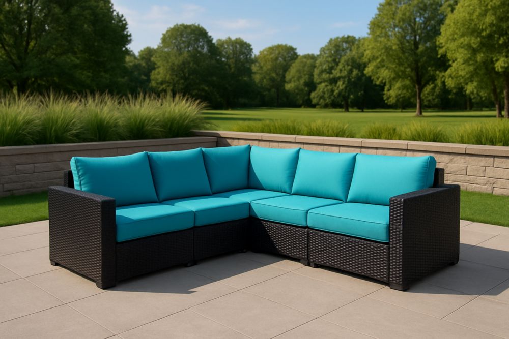 Divano ad angolo in rattan sintetico con cuscini turchesi