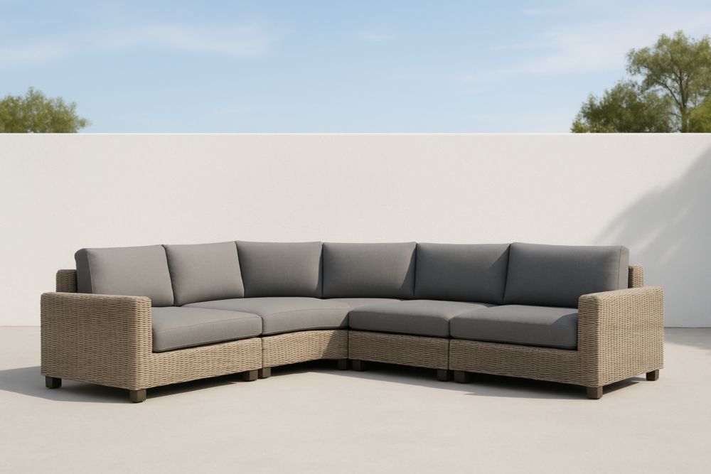 Divano ad angolo modulare da esterno in rattan sintetico grigio con cuscini sfoderabili