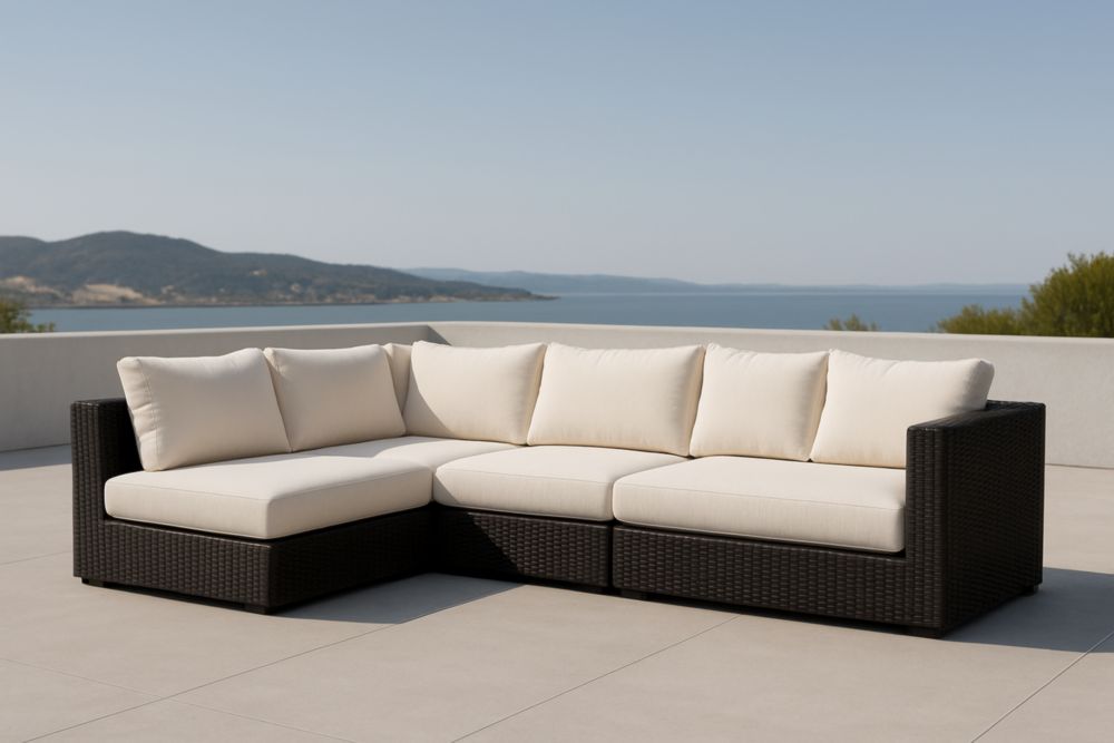 Divano ad angolo Modulare da Esterno in Rattan Sintetico con Cuscini Bianchi