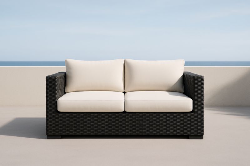 Divano due posti in Rattan Sintetico Nero con Cuscini Beige