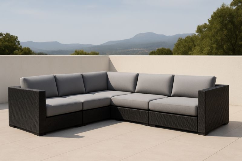 Divano ad angolo da esterno in rattan con cuscini grigi