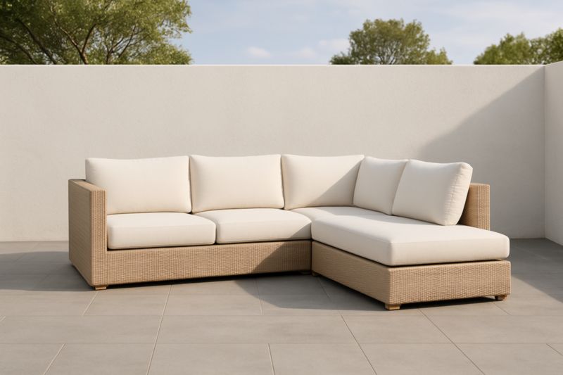 Divano ad angolo outdoor in polietilene con cuscini crema