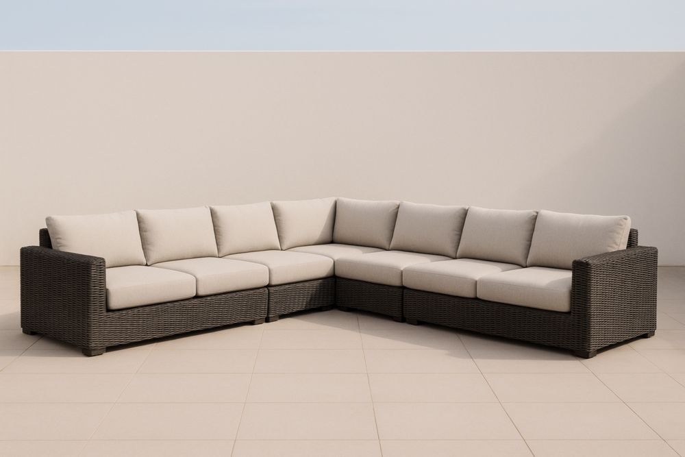 Divano ad angolo modulare in rattan e tessuto beige 6 posti