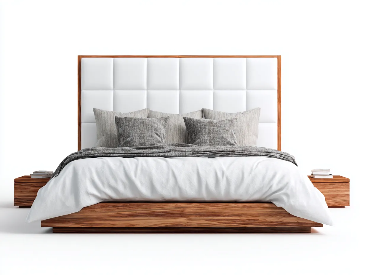 Doppelbett-Textil-Holz-220x206x122 cm-Weiß-Nussbaum-Moderner Designstil-Bambooupbase