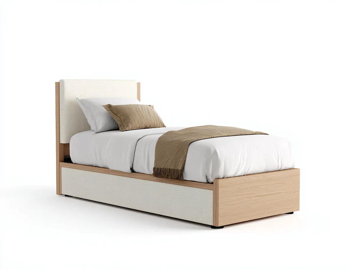 Einzelbett - Holz-Stoff - 204x96x94 cm - Beige-Naturholz - Modern Stil-Bambooupbase
