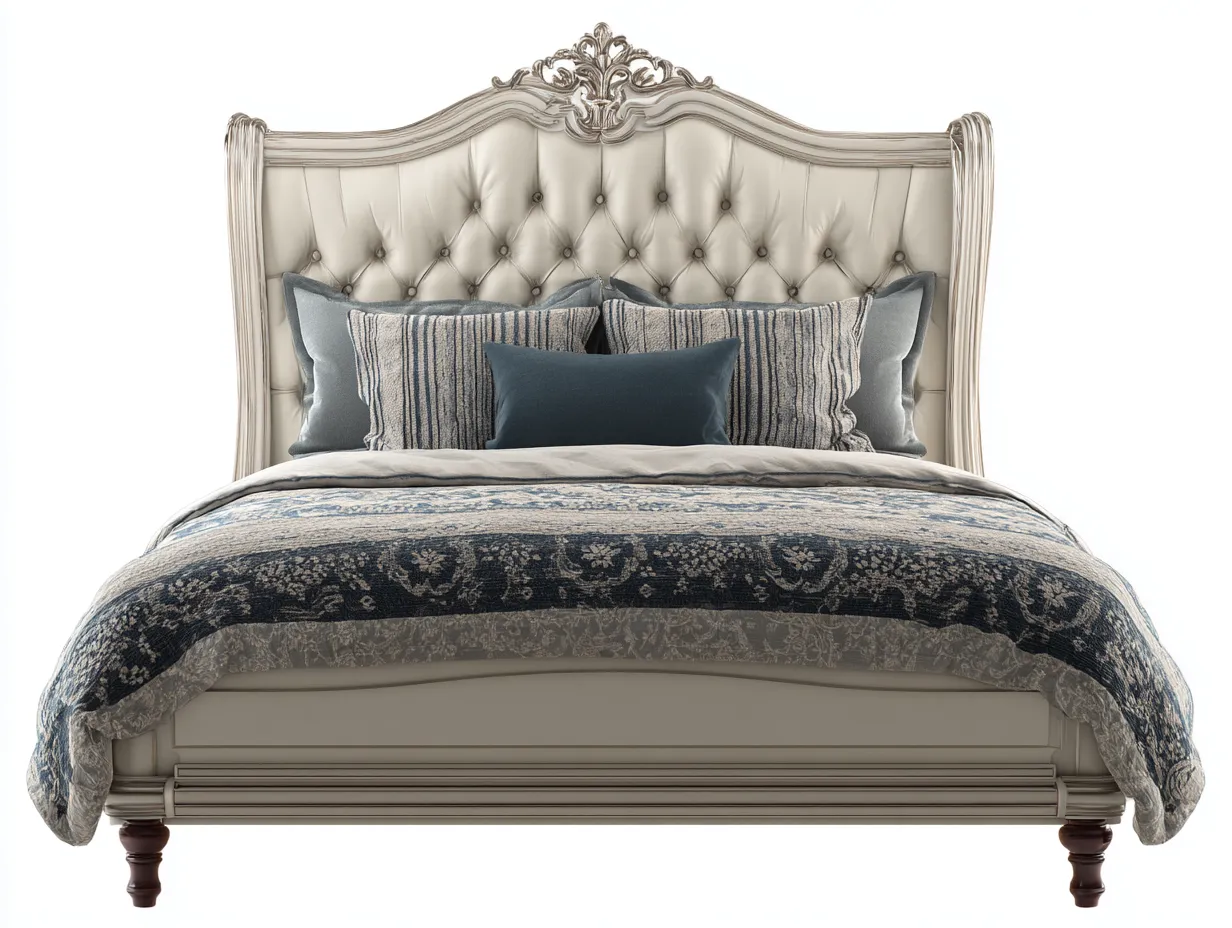 Doppelbett-Textil-Holz-220x200x142 cm-Cremeweiß-Barocker Klassikstil-Bambooupbase