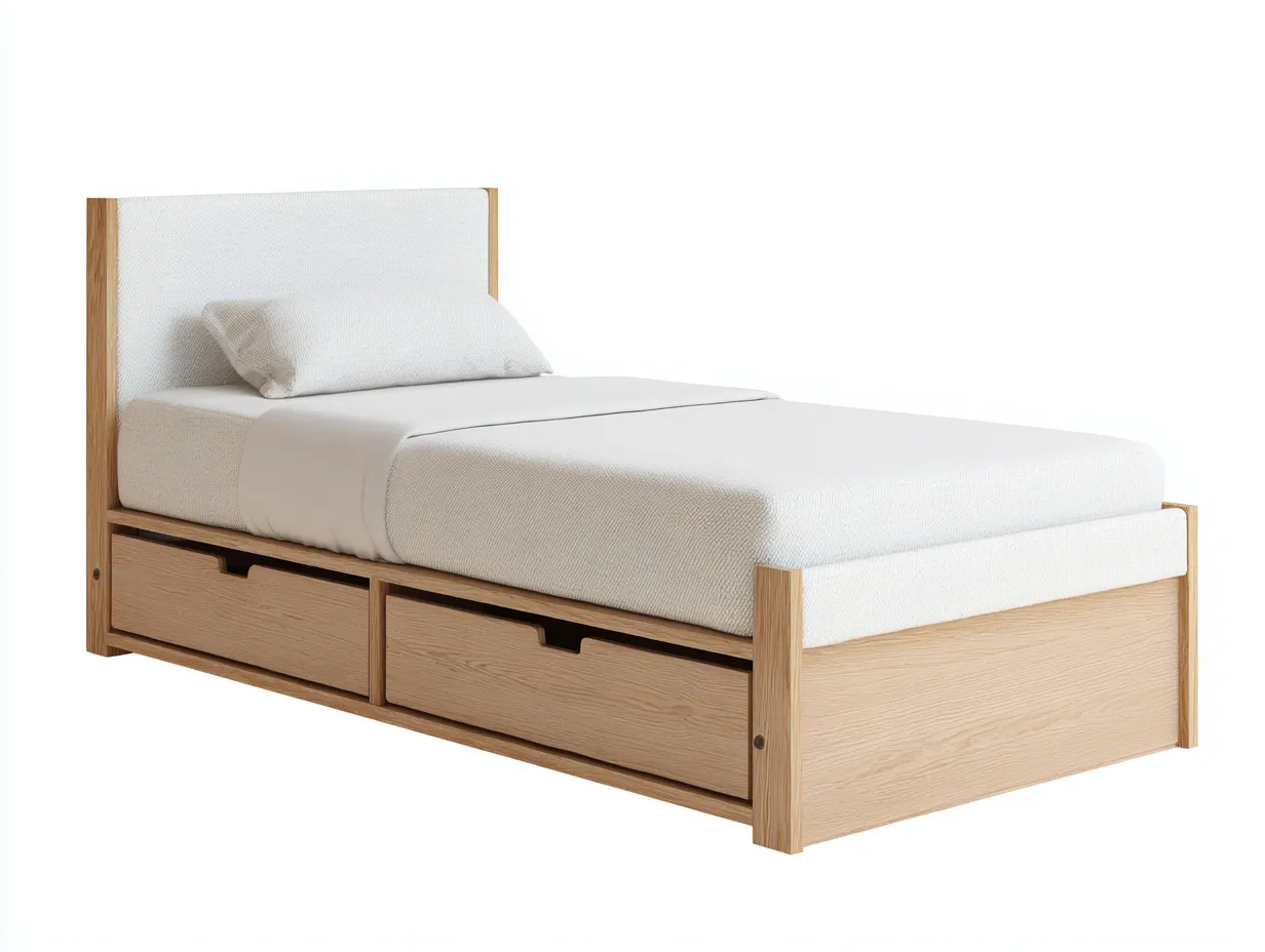 Einzelbett - Holz-Stoff - 206x97x88 cm - Beige-Naturholz - Skandinavischer Stil-Bambooupbase