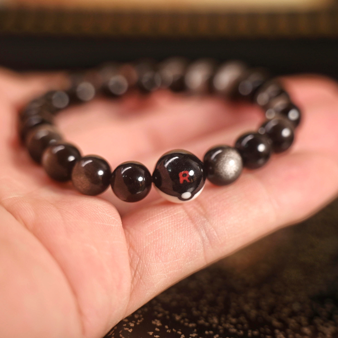 Team Rocket Ball Bracelet – Handmade Ceramic + Silver Obsidian