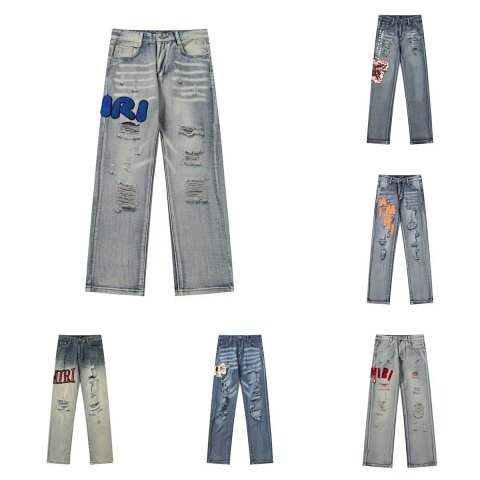 High quality denim pants with embroidered patterns and stickers. Please add : 18030258501 if you need size guidance