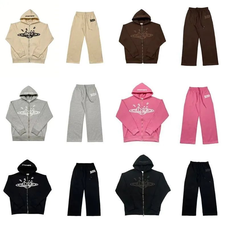 High quality foam printed cardigan hooded sweatshirt casual set