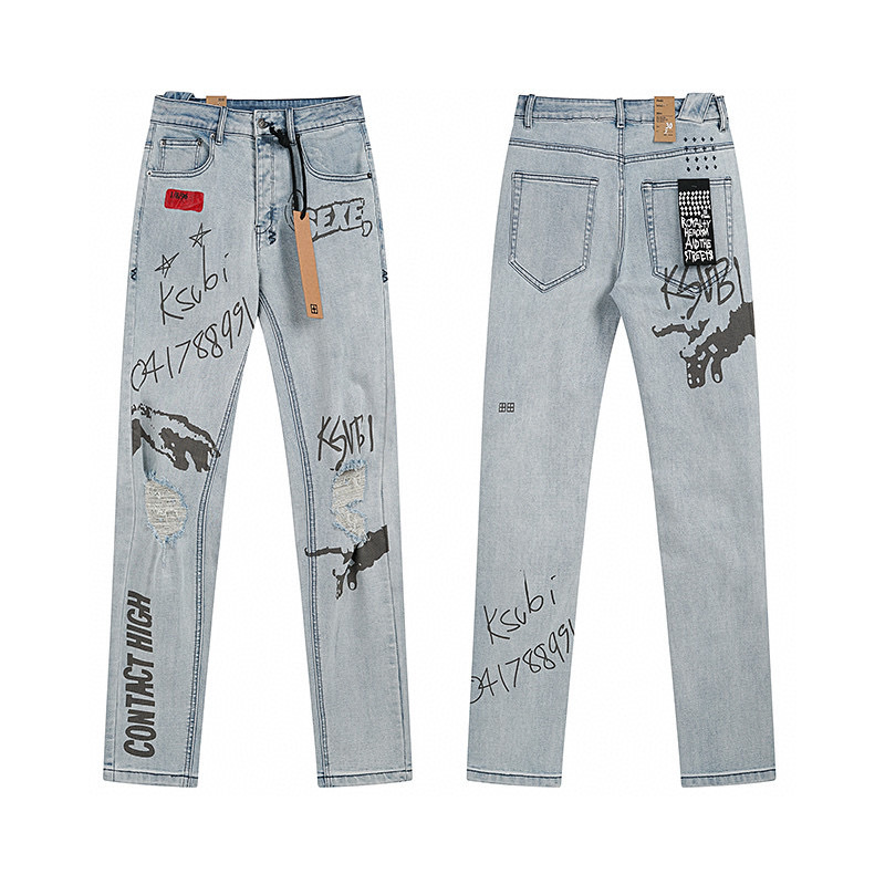High quality, high street fashion brand splashed ink perforated small leg jeans
