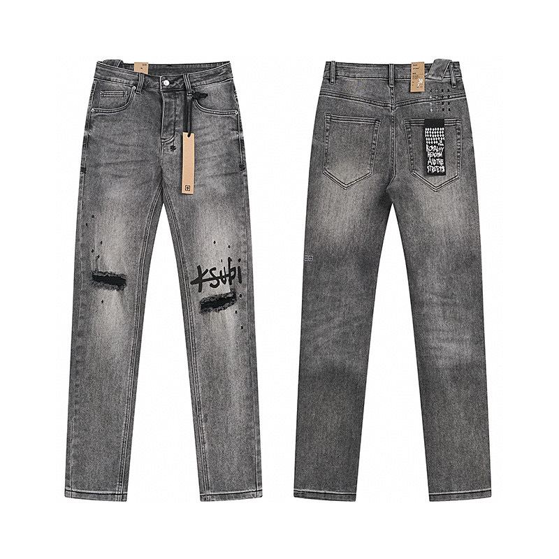 High quality, high street fashion brand splashed ink perforated small leg jeans