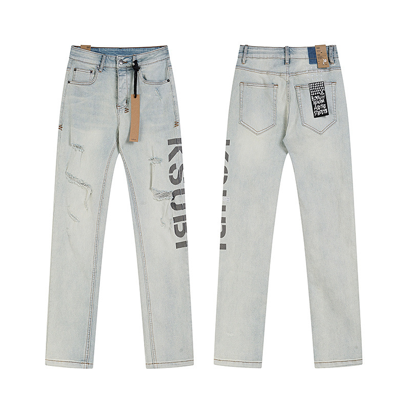 High quality, high street fashion brand splashed ink perforated small leg jeans