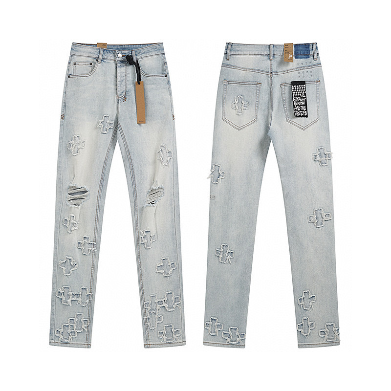 High quality, high street fashion brand splashed ink perforated small leg jeans