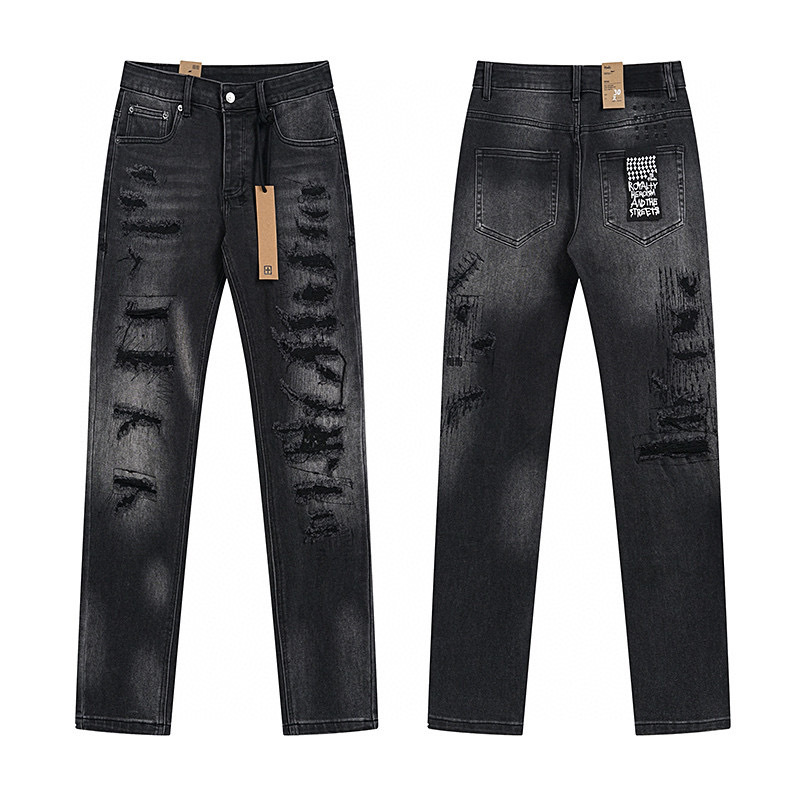 High quality, high street fashion brand splashed ink perforated small leg jeans