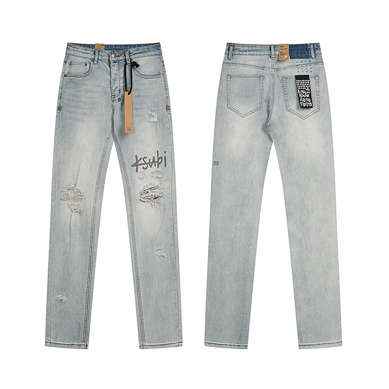 High quality, high street fashion brand splashed ink perforated small leg jeans