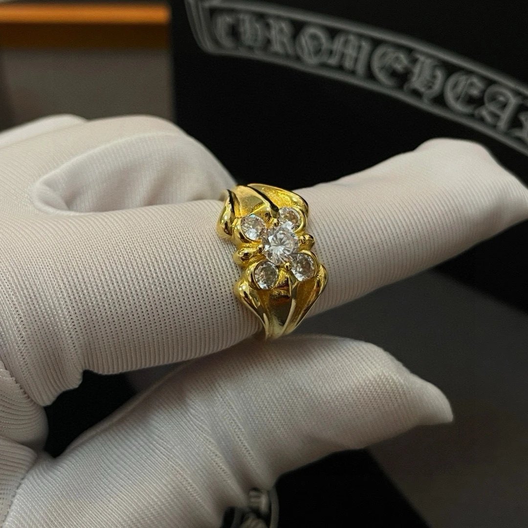 High quality classic retro gold cross flower with diamond ring