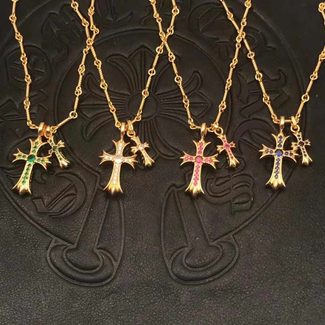 High quality diamond studded double cross necklace