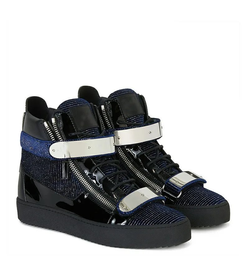 Black genuine leather, patent leather, high top zipper, metal double iron buckle, flat bottomed board shoes