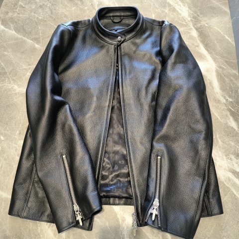 High quality pure silver accessories, plain black cowhide motorcycle leather jacket