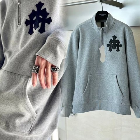 Leather cross logo half zip hoodie for men and women, versatile hoodie