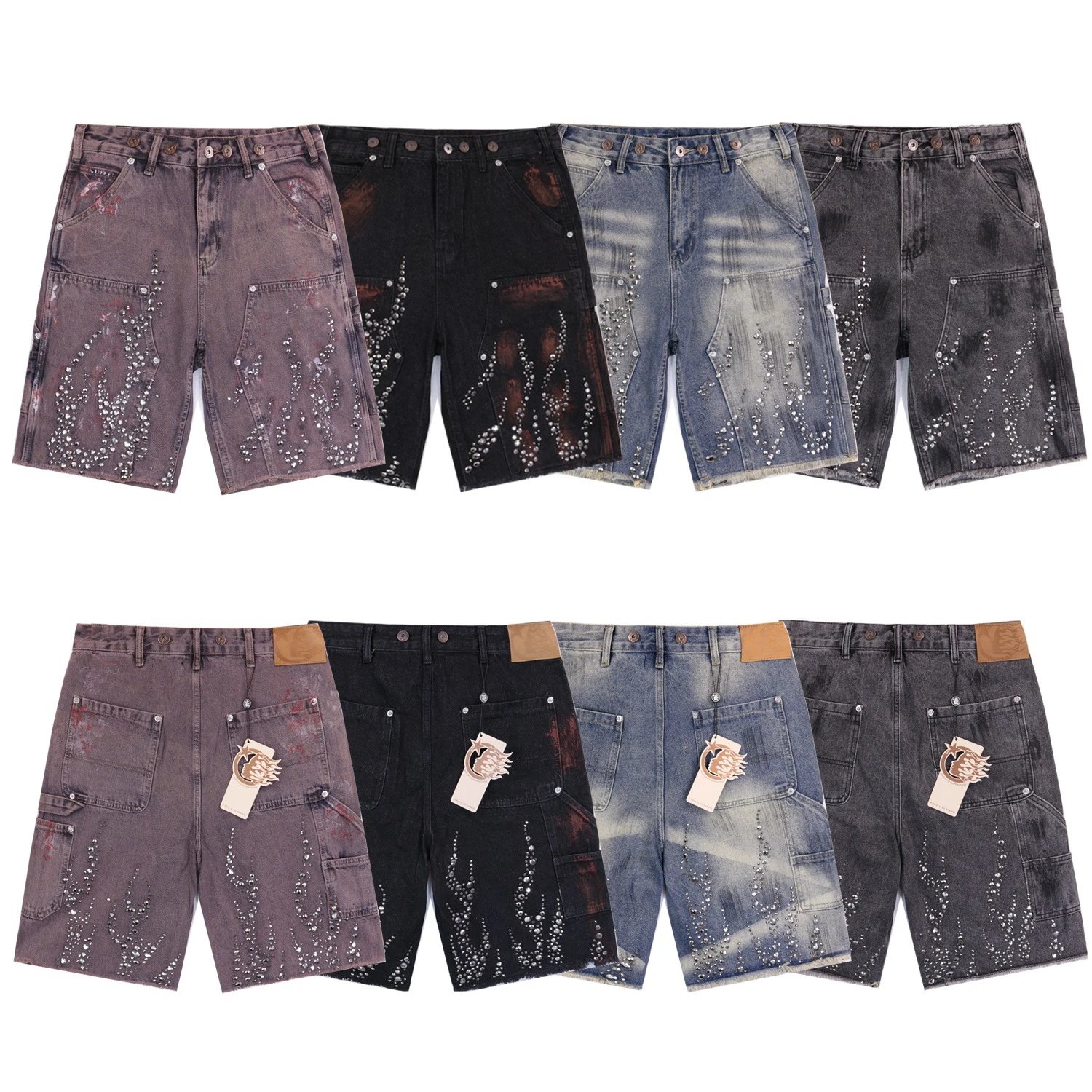 High quality washed denim shorts with rhinestone edges