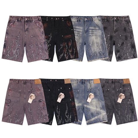 High quality washed denim shorts with rhinestone edges